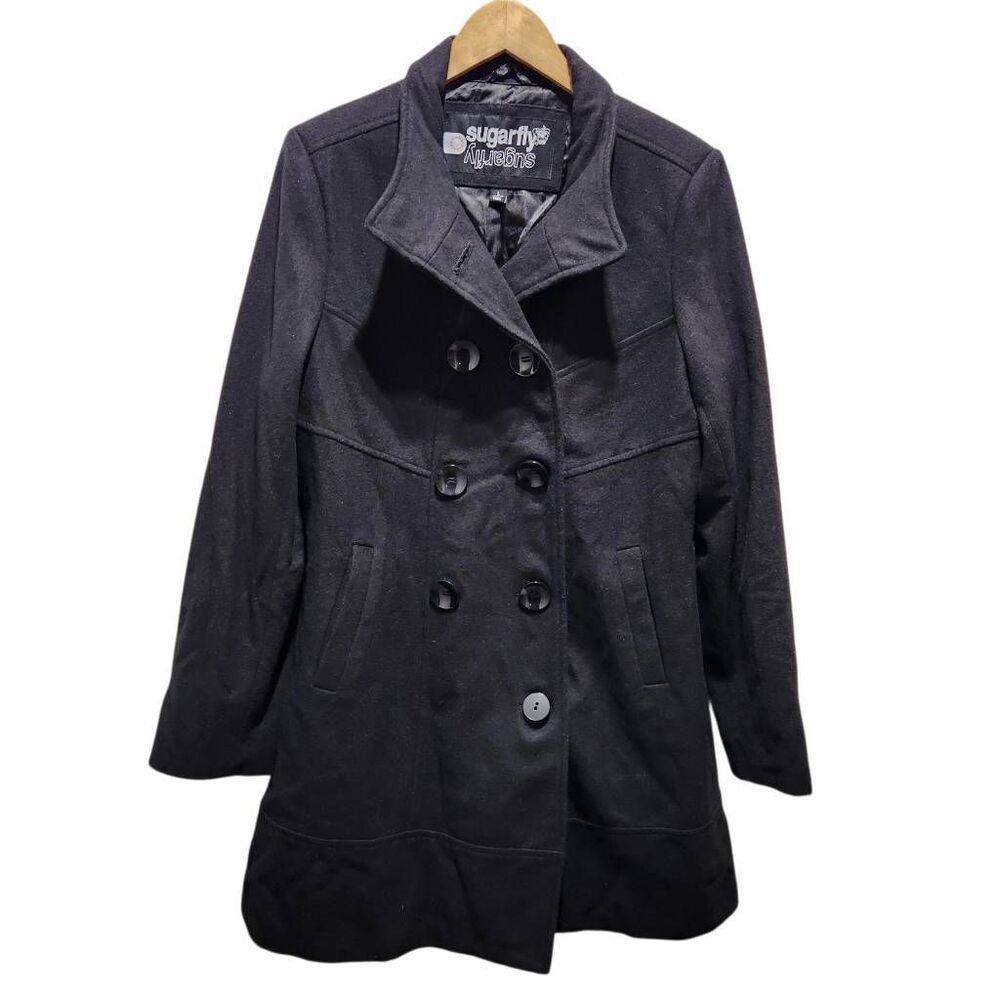 Sugarfly‎ double breasted coat jacket peacock black large wool blend